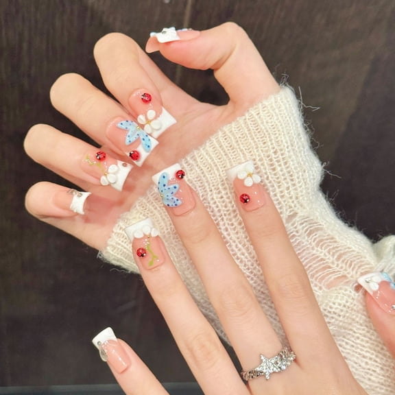 Yihe [Seven Star Ladybug] Summer Sweet Sister Cherry Butterfly Nail Art Gentle White Versatile Short Wear Nail Film