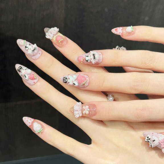 Yihe [Sweet Rabbit Flower Berry] Pink Cute Wind Wearing Nail Three-dimensional Cartoon Rabbit Strawberry Peach Handmade Nail Art Sticker