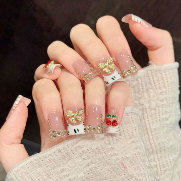 Yihe [Sweet Sakura Leopard Print] Leopard Print Bow Cherry Sweet White Handmade Nail Art Tablets Cross-border Fake Nails