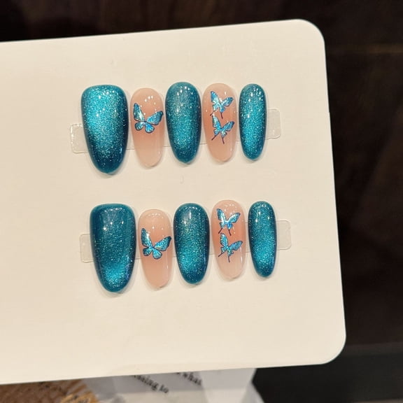 Yihe W series [Butterfly Shadow Blue Crystal] blue glitter transparent fantasy butterfly decoration wears armor, cold fairy energy shows white nail art