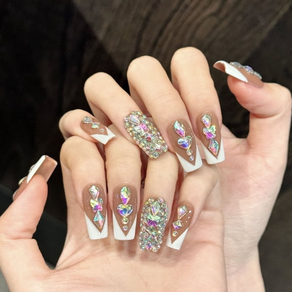 Yihe [Warm Brown Crystal Color] Caramel French Full Diamond Wearing Nail Symphony Love Diamond Light Luxury Heavy Industry Nail Patch