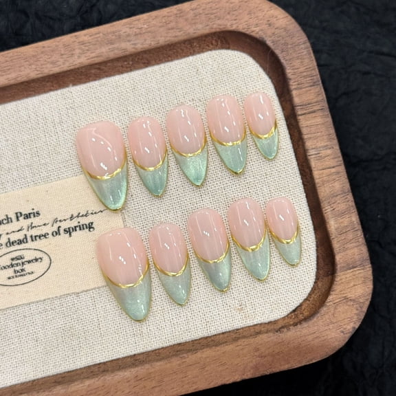 Yihe Wear Nail [Matcha Mousse] Milk Green French Glass Bead Cat's Eye Pure Handmade Removable Nail Sticker