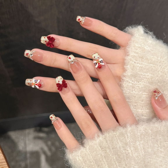 [Yihe-Xinyue Lion Dance] Popular New Year's Nail White Cat Eye Handmade Wear Nail Lion Dance Bow Nail Art