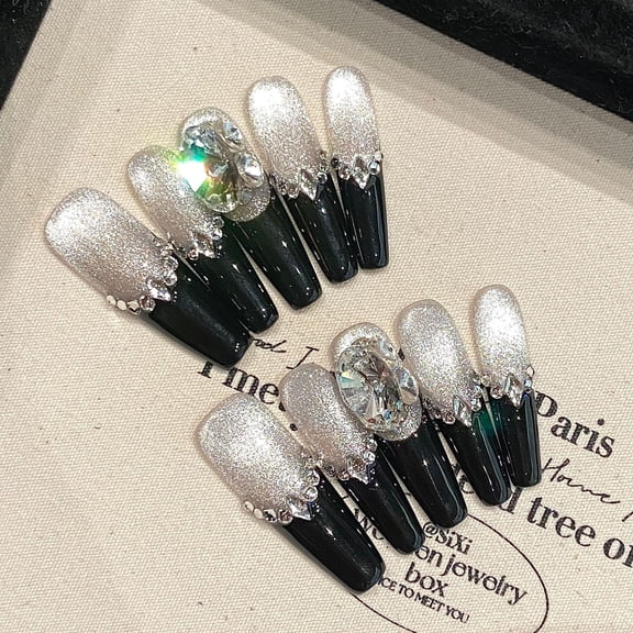 Yihe black gold princess style manicure handmade nail ice transparent fine glitter high-end cool sense detachable fake nails