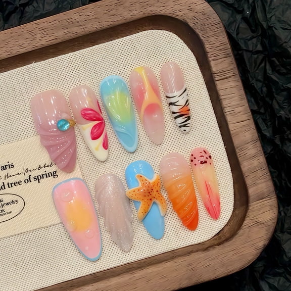 Yihe manicure, island vacation style, foreign trade wearing nail piece, three-dimensional starfish fake nail, glue shell, hand-squeezed flower