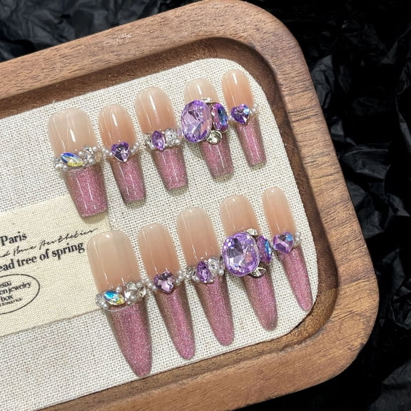 Yihe pure desire pink purple two-color gradient French stack diamond blush wide gloss cat eye manicure pure handmade wearable nail