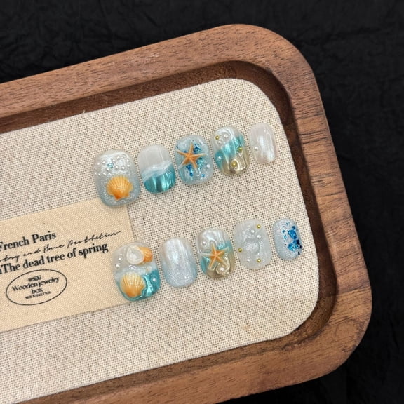 Yihe wears nail [Sea Breeze Whispering] Summer Romantic Haiyu Shell Summer Beach Short Nail Art Fake Nails