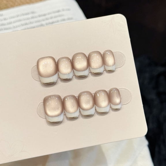Yihe wears nail [peach milk jelly] white nude glass beads cat eye white edge French short nail art wear