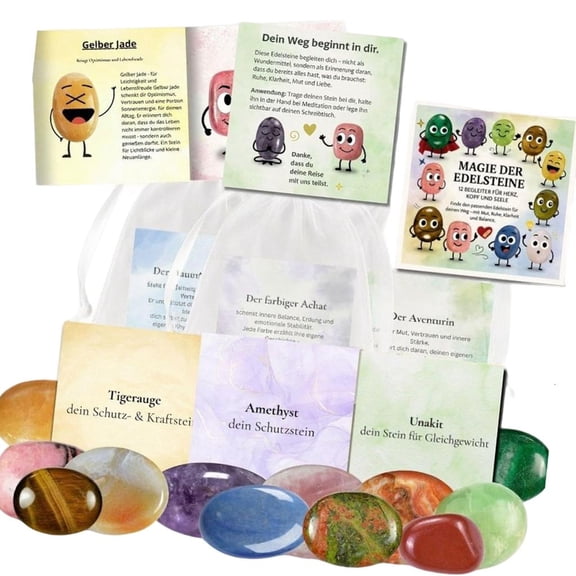 Yihuala 12Pieces Lucky Gemstones Set with Guide Cards And Bag For Jewelry Making Crafting Art Project Supply