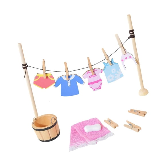 Yihuala 21PCS Wooden Doll House Laundry Toy Set Scene Props For Creative Play And Early Learning Pretend Play Activity Supply