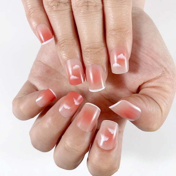 Yihuala 24 Pcs Short Square False Nails Clouds Artificial Nails Gradients French Tip Stick On Nails for Woman