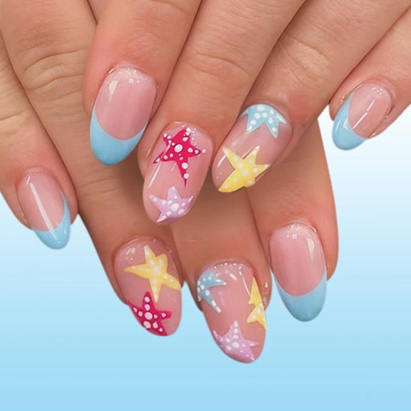 Yihuala 24PCS Blue French Manicure Short Fake Nails With Fish Design And ABS Artificial Nails For Daily Wear