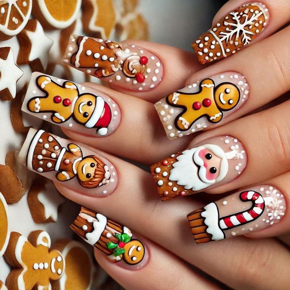Yihuala 24pcs Holiday Fake Nails Gingerbreads Design Press On Artificial Nails For Christmas Parties And Gatherings Accessor