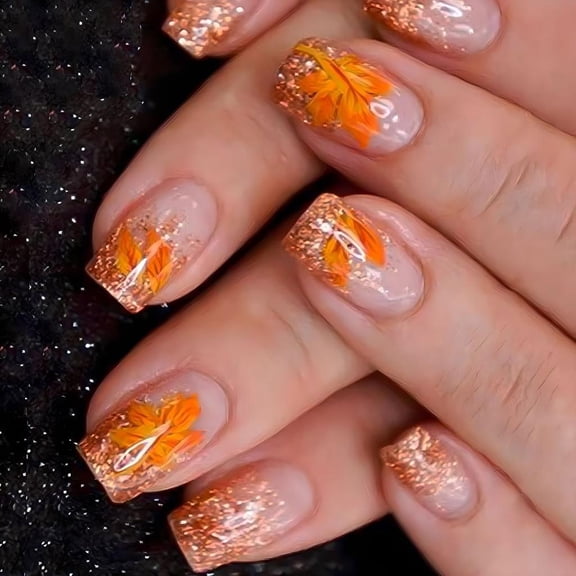 Yihuala 24x Maple Leaves Artificial Nails Full Covers Stick on Nails Short False Nails Fall Thanksgiving Nails