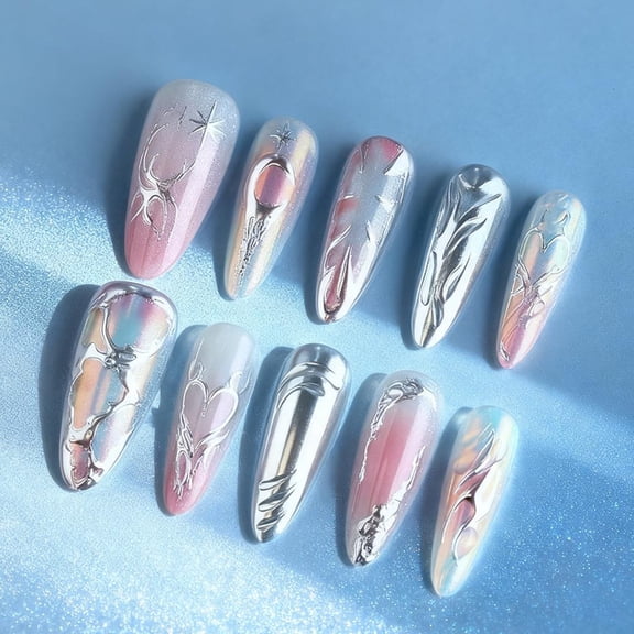 Yihuala 30 Pieces Glossy Silver Press Ons Extra Long Stilettos Design Chrome Glittering Artificial Nails ABS Manicure Accessory