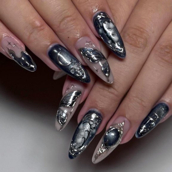 Yihuala 30Pcs Sweet Cool Styles False Nails Including Butterfly Moons Stars And 3D Cats Eye Effect For Easy Application And Comf