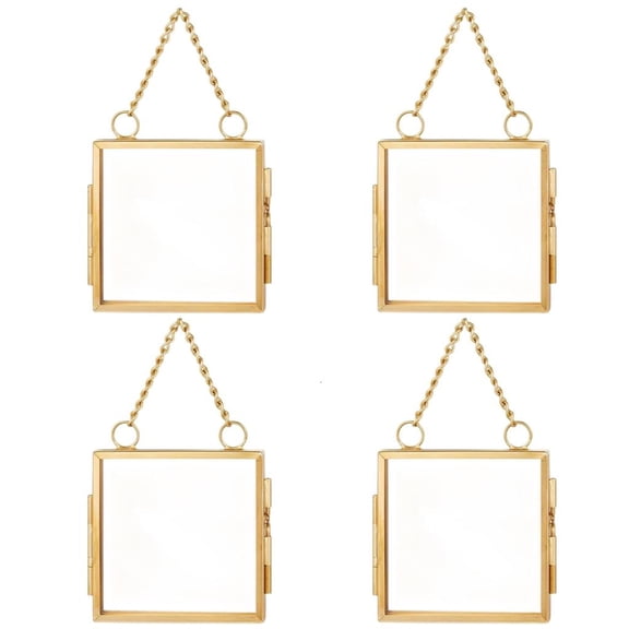 Yihuala 4Pcs Glass Hanging Frame Gold Metal Picture Frame Clear Glass Floating Frames Hanging Work Display Frames for Pressed