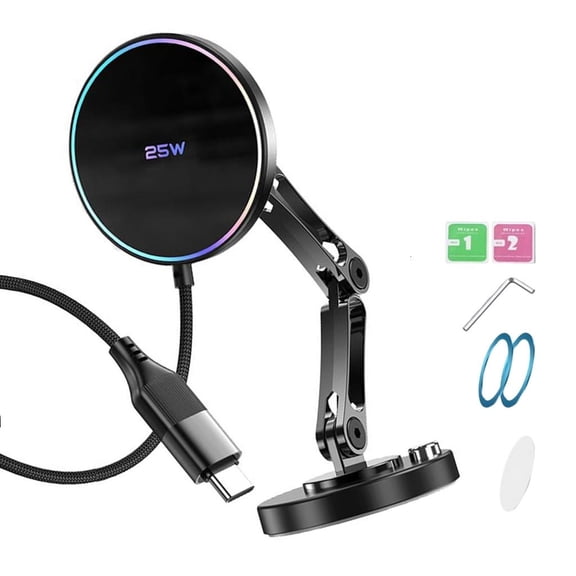 Yihuala Adhesive Dashboard Phone Holder with Charging, 25W Car Mount, Two-Joint Arm and Ball Head View Control