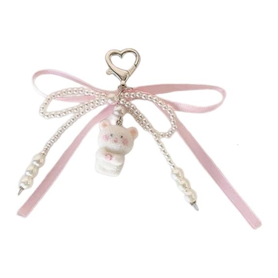 Yihuala Adorable Flocking Bear Keychain With Pearls Accent and Ribbon Bowknot Stylish Purse Or Car Keys Holder Accessory