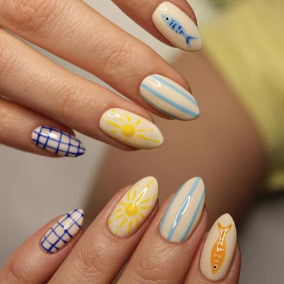 Yihuala Beautiful 3D Art False Nails Blue Yellow Fish Pattern ABS Synthetic Nails For Daily Party Wear