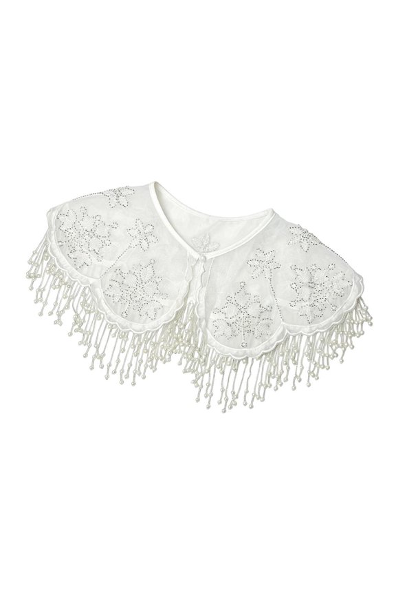 Beautiful White Embroidered Shawl Detachable Collar With Beaded Accents And Stylish Fringe