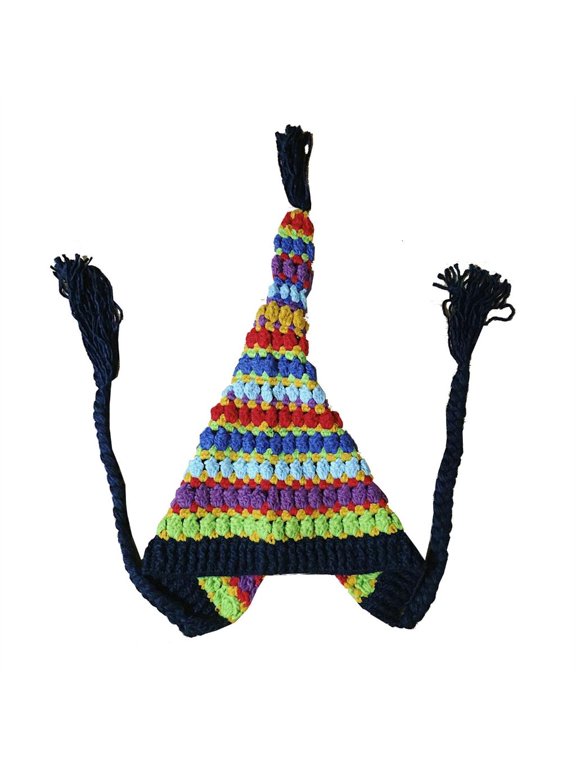 Crochet Wide Brim Bucket Hat Winter Long Tail Hat Crochet Stripe Rainbow Color Hat for Teens Keep Warm Commute Hat