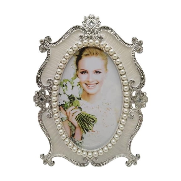Yihuala Decorative Ornate Antique Oval Photo Frame With Detailing Crystal Pearls Trimmed Picture Frame Tabletop Display