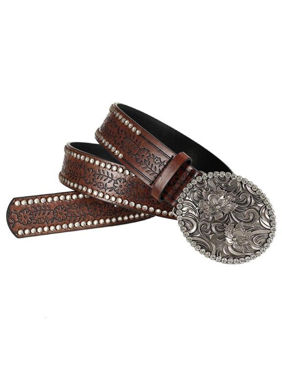 Embossed Waist Belt PU Waist Strap With Ornamental Flower Buckles For Music Festival And Daily Wear