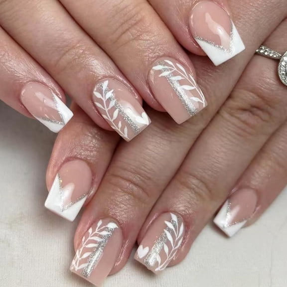 Yihuala French Styles Artificial Nails 24PCS Square Press On Set Glitters White Tips Short Length Matte Glossy Double Finish