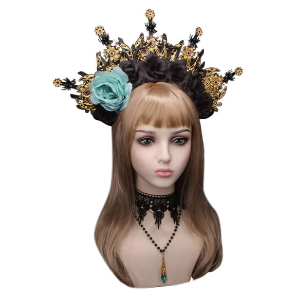 Yihuala Gothic Headband Dark Crown Headband Bridal Tiaras Flower Princess Headpiece Hair Hoop Flower Tiaras