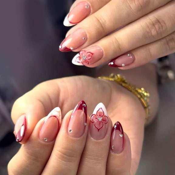 Yihuala Handmade 3D Carving False Nails Glossy French Tip Design With Handmade Stones Perfect For Daily Use