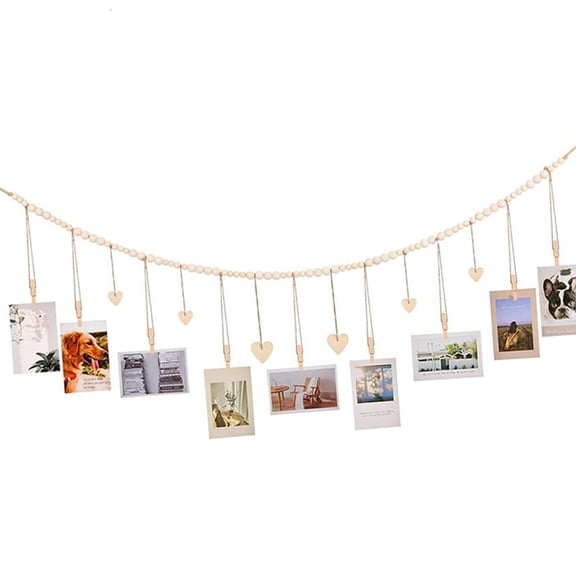Yihuala Hanging Photo Display with Clip,Bohemians Wooden Beads Garland Collage Picture Frame Wall Decors,Photo String with 9 Cli