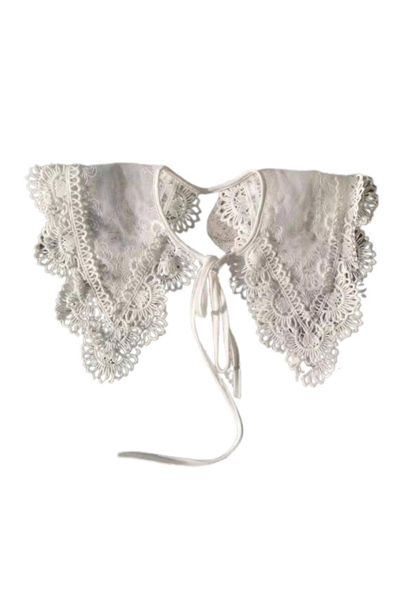 Korean Double Layer Sheer Fake Collar Shawl for Women Hollow Out Floral Lace Applique Necklace Lace-Up Bow Capelet Poncho