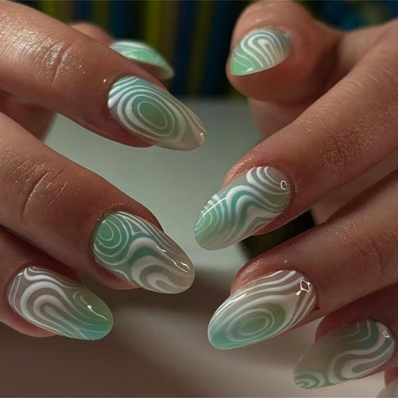 Yihuala Oval Shape False Nails With Artistic Lines Design Artificial Nails Comfortable Wear For Daily Use Or Parties Wear
