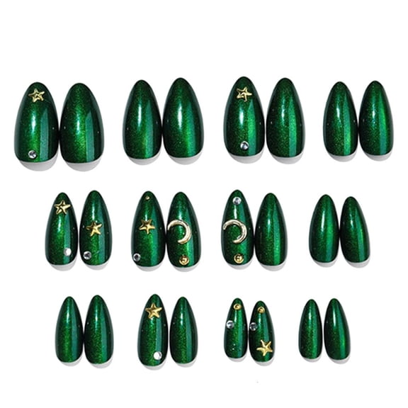 Yihuala Press Ons Almond Shape Green Cats Eye Effect Stick on False Nails with Design Manicure Decoration