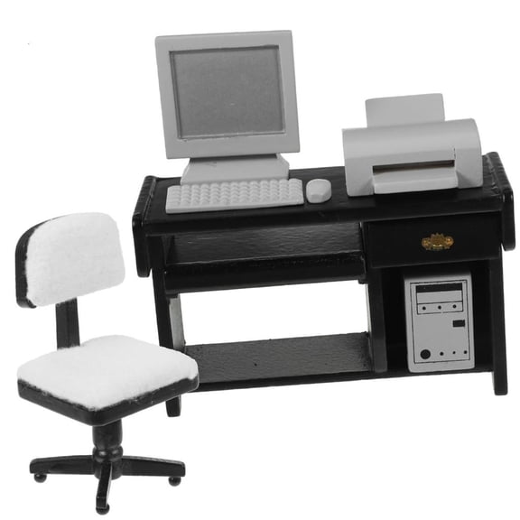 Yihuala Realistic 1/12 Working Station Model Furniture Desk Chair Printer Miniature Decorative Items Doll House Accessory