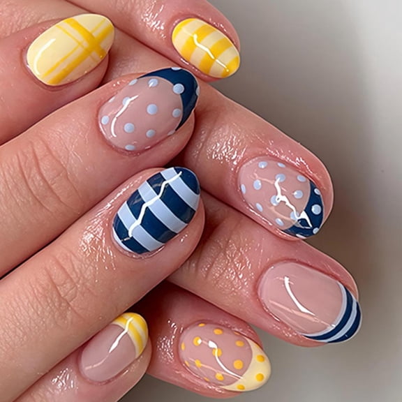 Yihuala Short Blue And Yellow Striped False Nails 3D Metallic Flowing Lines ABS Easy To Wear For Women Girls