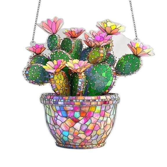 Yihuala Stained Glass Window Hanging Flowers Cactus Suncatchers 2D Acrylic Window Panel with Rope for Garden Yard Ornament