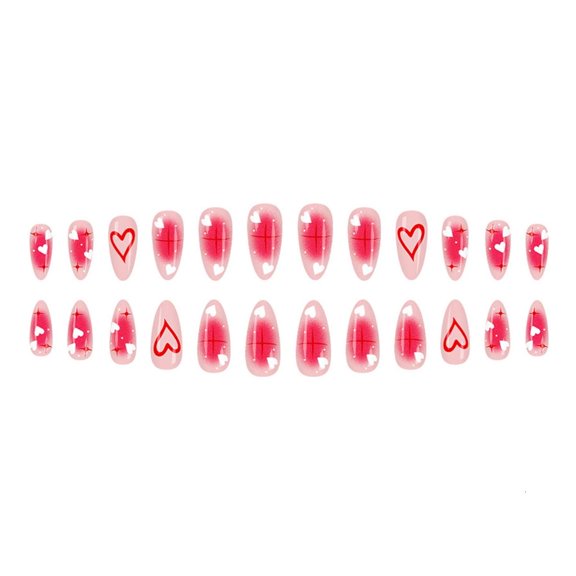 Yihuala Valentines Day Glossy Presses On Nails 24PCS Mediums Length Heart Design Blushes Starry Glitters Rhinestones Party Wear