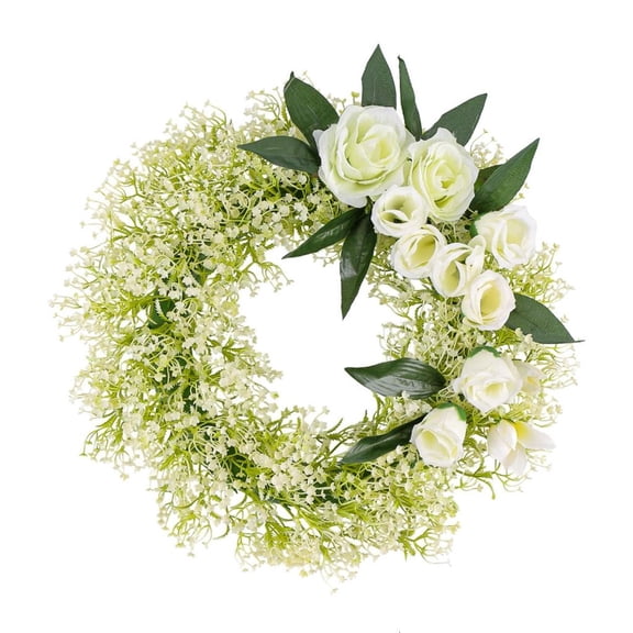 Yihuala White Rose Wreath Artificial Spring Wreath for Front Door Wedding Party Fastival Indoor and Outdoor Decorations