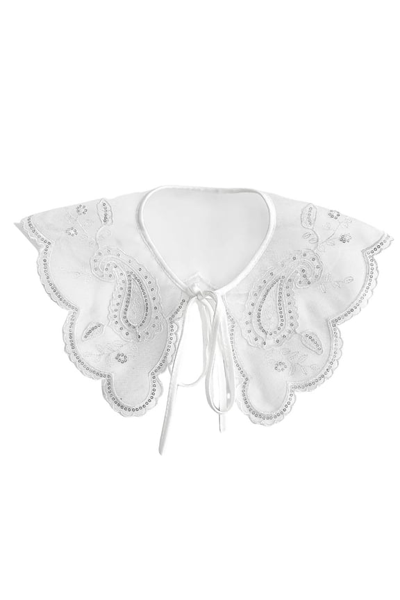 Women's Elegant White Floral Embroidered False Collar with Sequins Mesh Small Shawl Wrap Scarf Capelet for Dress Blouse