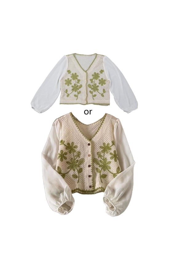 Womens Flower Crochet Knit Loose Puff Long Sleeve Cropped Cardigan V-Neck Button Down French for Coat Blous