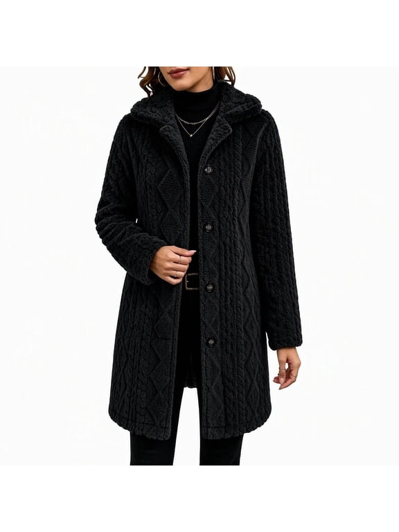Cardigan for Women Hooded Long Fleece Jacket Button Down Outerwear