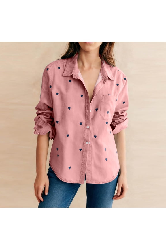 Heart Print Shirt for Women Casual Lapel Collared Long Sleeve Button Down Blouse Tops with Pocket Cute Business Outfits, Size XXL