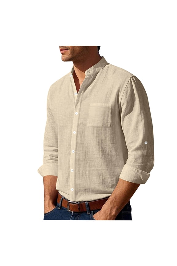 Men's Linen Shirts Long Sleeve Button Down Collarless Casual Summer Shirts Beach Vacation Clothes, Size XXL
