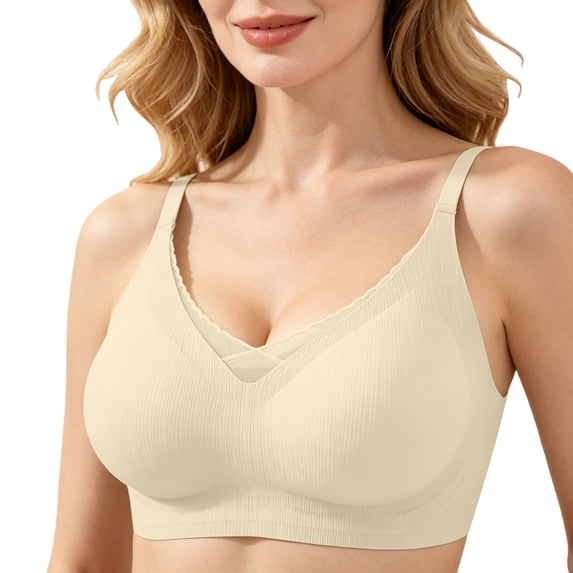 Yijfswar Seamless Underwear for Women Bralette Ribbed Wireless V-Neck Soft Cup Everyday Bra