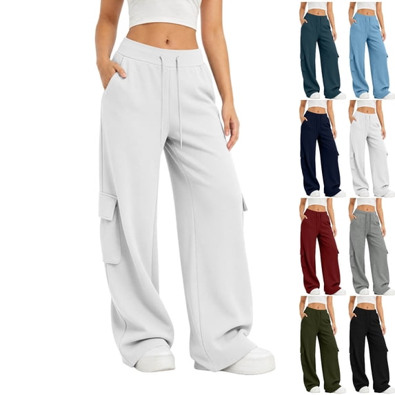 Yijfswar Women's Cargo Sweatpants Drawstring Elastic Waisted Casual Bottoms Athletic Workout Wide-Leg Pants Trousers with Pockets