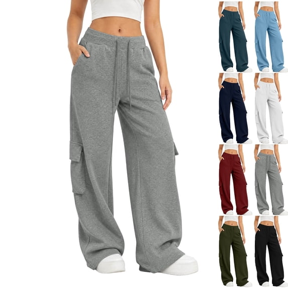 Yijfswar Women's Cargo Sweatpants Drawstring Elastic Waisted Casual Bottoms Athletic Workout Wide-Leg Pants Trousers with Pockets