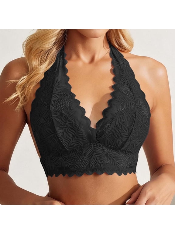 Women's Halter Lace Bralette Bra Deep V Neck Wireless Everyday Bras Thin Padded Backless Breathable Bra, Size XL