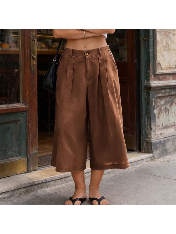 Womens Pleated Capri Pants Summer High Waisted Wide Leg Baggy Cropped Trousers with Pockets, Size L